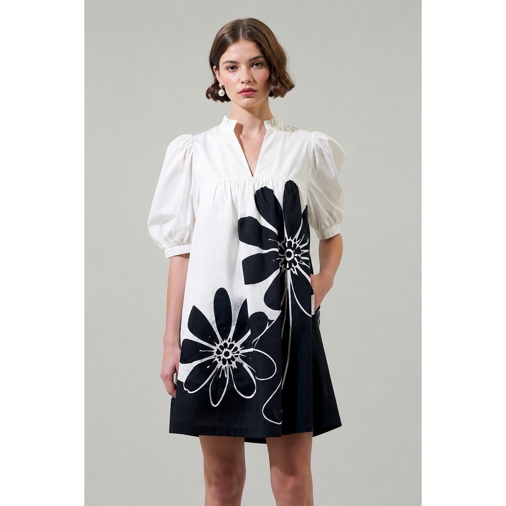 Sugarlips Julissa Floral Babydoll Dress White Black Puff Sleeve NWT Size L